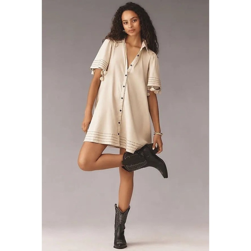 Maeve Collared Linen Button-Front Tassel Mini Dress Womens Small Beige Shift